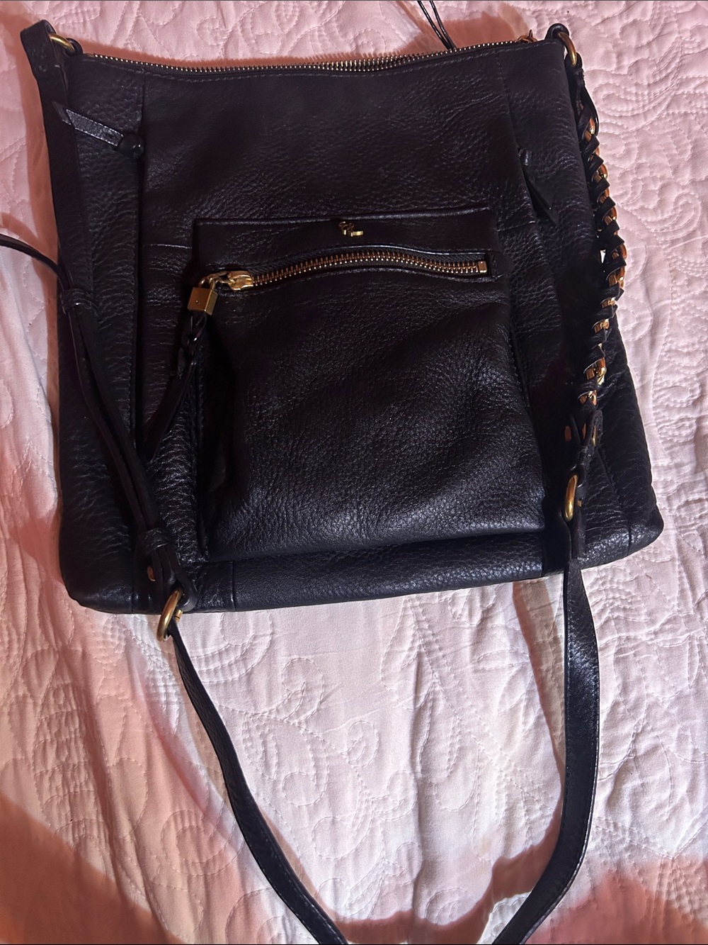 Elliott Lucca Black Pebbled Leather Shoulder Bag with Gold-Tone Hardware